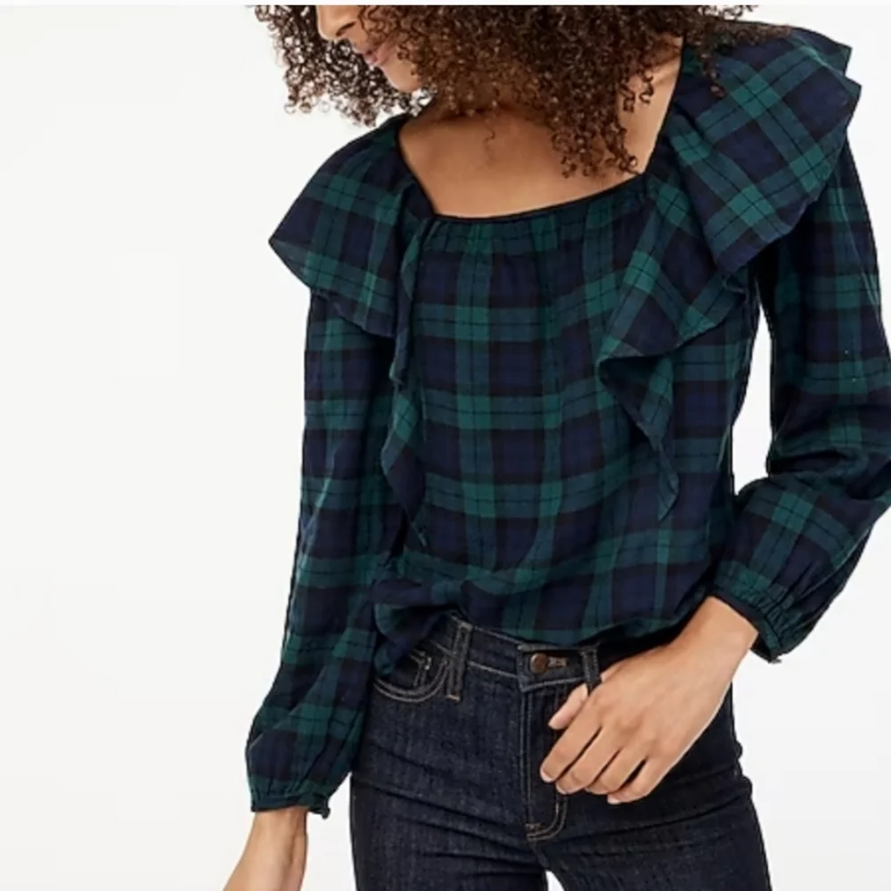 J.Crew Flannel Squareneck Ruffle Top Size Large - Picture 1 of 9